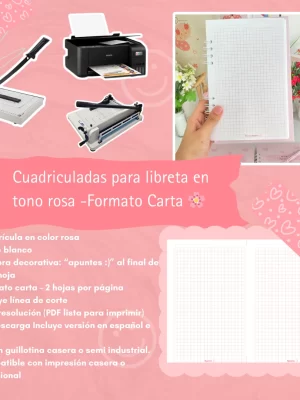 Plantilla cuadriculada rosa para libreta – Formato carta PDF 🌸