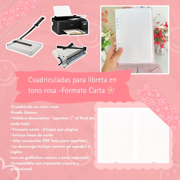 Plantilla cuadriculada rosa para libreta – Formato carta PDF 🌸